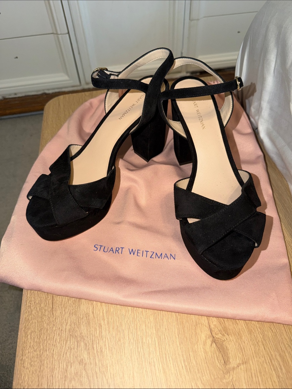 Stuart Weitzman Black Suede Knot-Front Block Heel Sandals